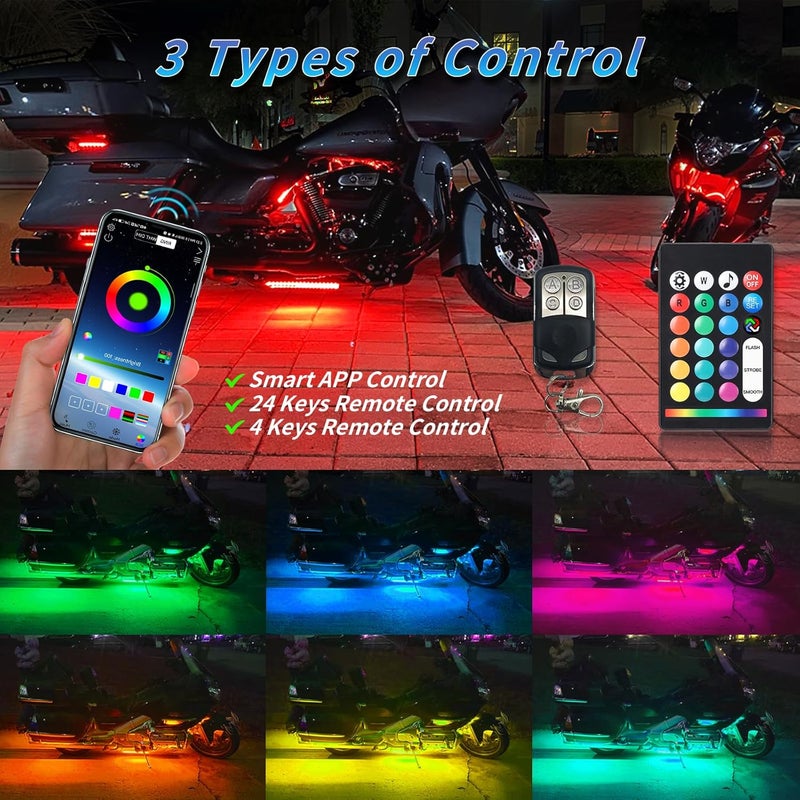 ZONECONA 12PCS Segmented Motorcycle RGB LED Light Kits with Brake Turn Signal, Underglow Lights with APP/Dual Remote, Multicolor 12v Waterproof Motorcycle LED Underglow Kit for Harley Yamaha Suzuki - Image 2